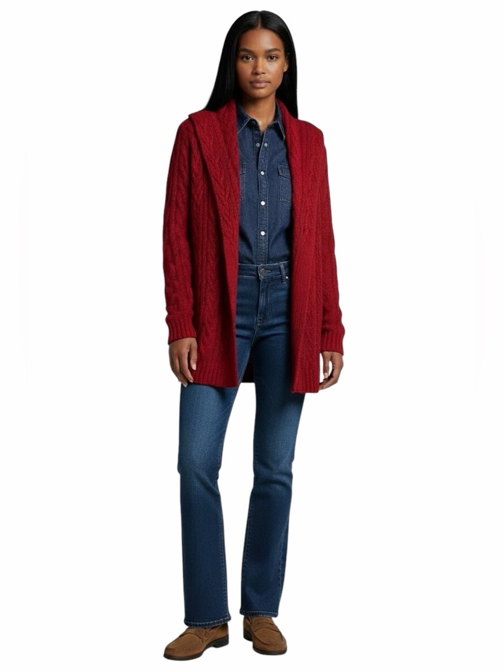 Lauren Ralph Lauren Tomato Red Silk Cashmere chunky knit open cardigan Medium
